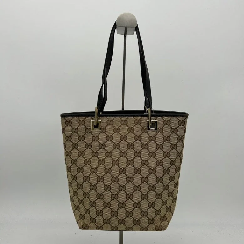 Gucci GG Beige Canvas Shoulder Bag Black Leather Trim Medium