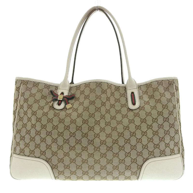 Gucci GG Canvas Princie Tote Bag Handbag Sherry Line Ribbon Leather Brown x Beige 161719 204046