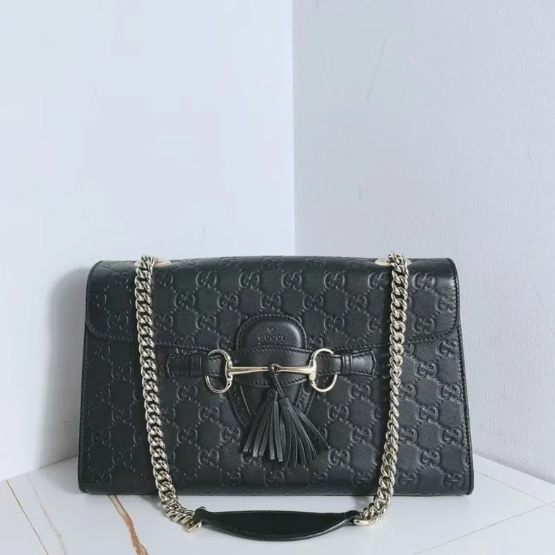 Gucci Emily Black Calfskin Embossed GG Logo Crossbody Bag