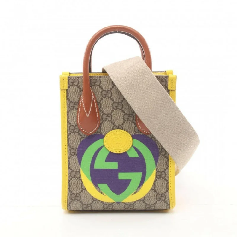 Gucci GG 2-Way Monogram Tote Bag Beige/Brown with Yellow Trim & Canvas Strap