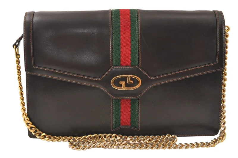 Authentic GUCCI Web Sherry Line Chain Shoulder Cross Bag Leather Brown 5231K