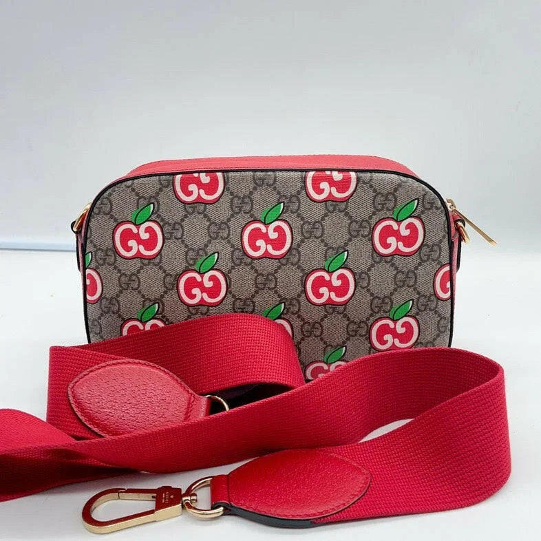 Gucci GG Apple Print Supreme Mini Bag Beige/Ebony with Red Strap