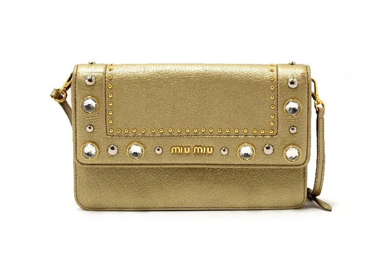 Authentic Miu Miu Crystal Gold Leather Wallet Bag