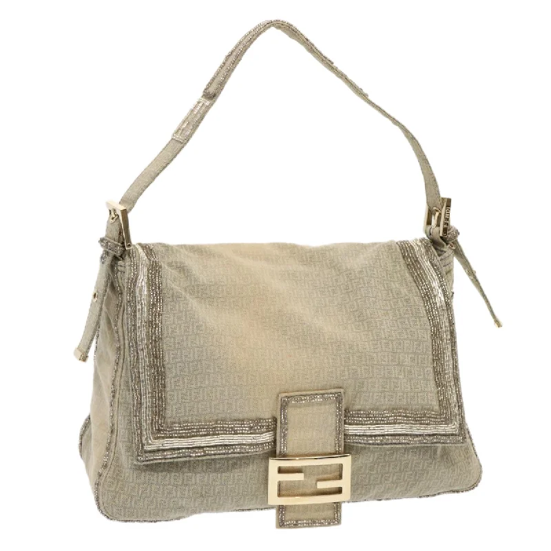 FENDI Zucchino Canvas Beads Mamma Baguette Shoulder Bag Gray  ar11697