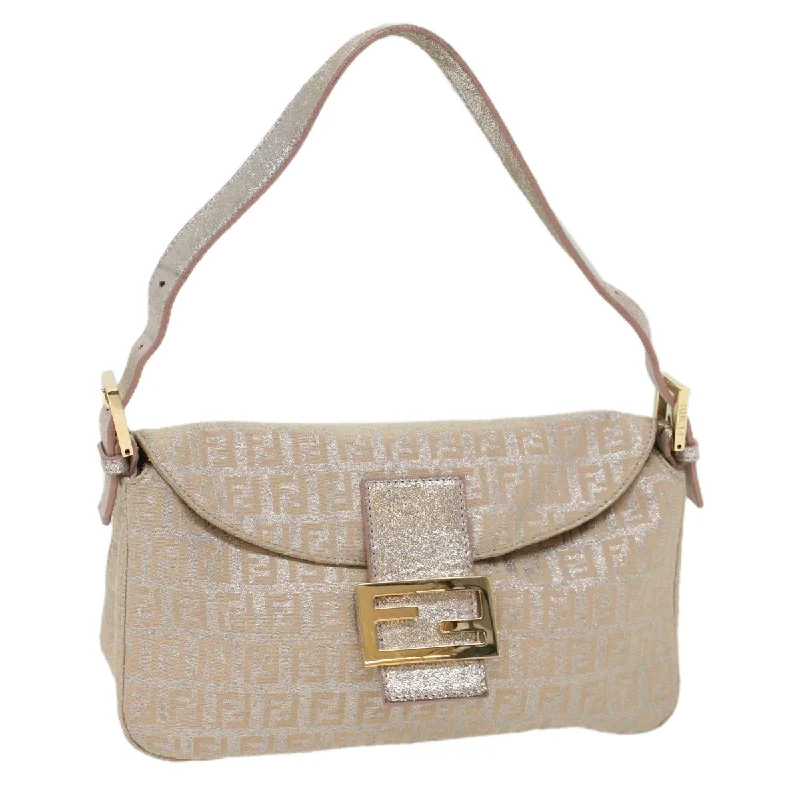 FENDI Zucchino Canvas Mamma Baguette Shoulder Bag Silver  yk8171