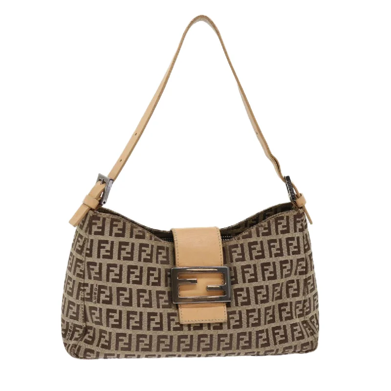 FENDI Zucchino Canvas Mamma Baguette Shoulder Bag Leather Beige  yk7711