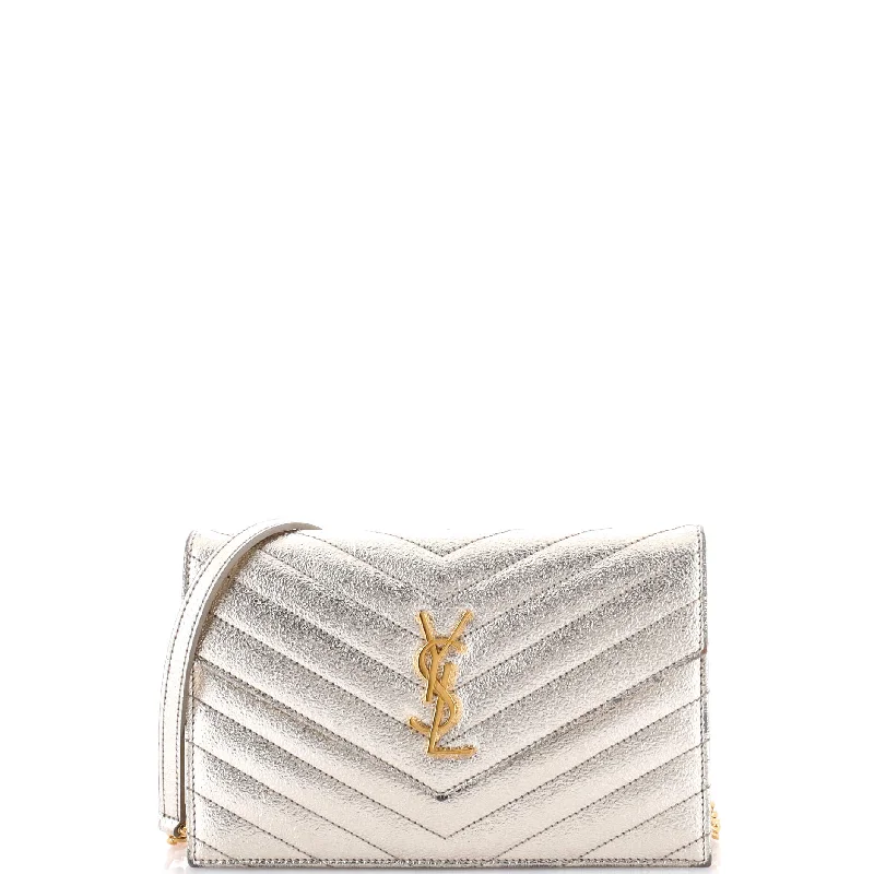 Classic Monogram Wallet on Chain Matelasse Chevron Metallic Leather Small