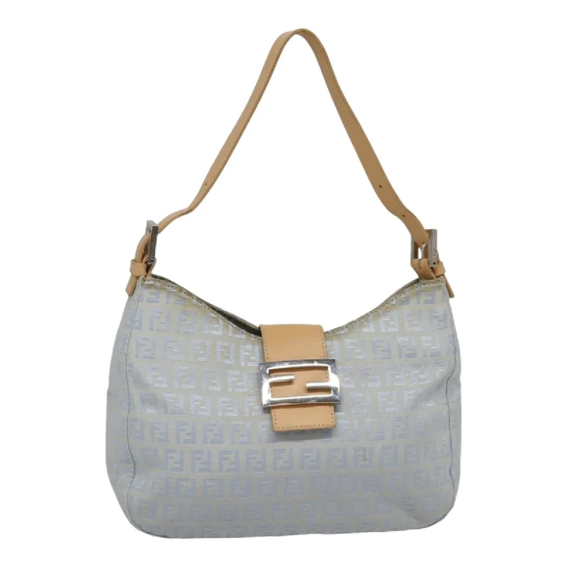 FENDI Zucchino Canvas Mamma Baguette Shoulder Bag Light Blue Silver  90704