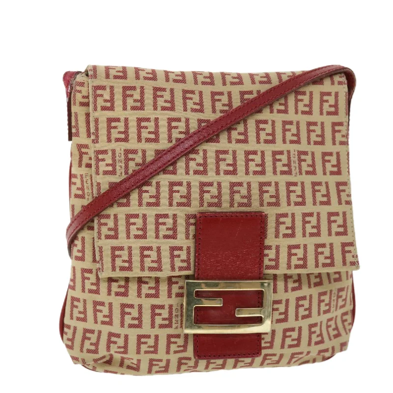 FENDI Zucchino Canvas Mamma Baguette Shoulder Bag Beige Red  52738