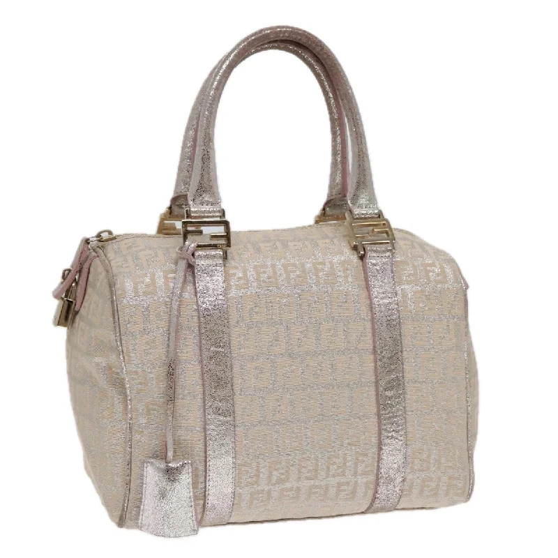 FENDI Zucchino Canvas Boston Bag Silver Beige  91810