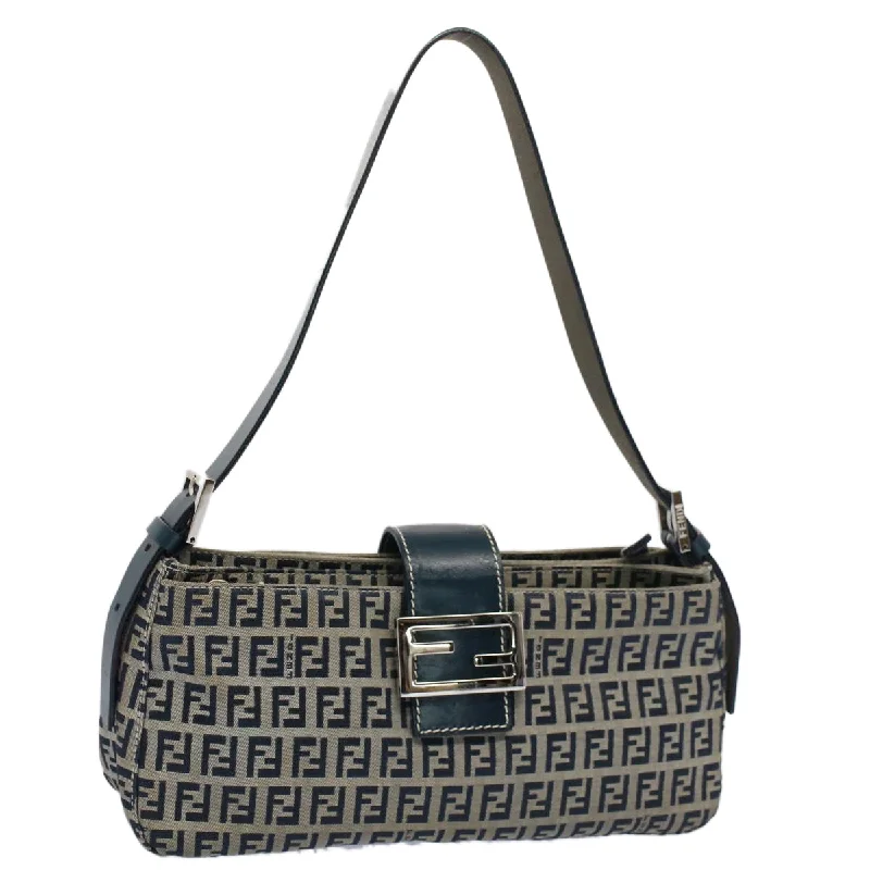 FENDI Zucchino Canvas Mamma Baguette Shoulder Bag Gray Navy  yk8484