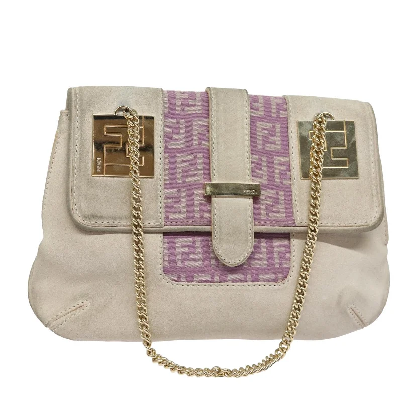 FENDI Zucchino Canvas Chain Hand Bag Suede Purple  am6453