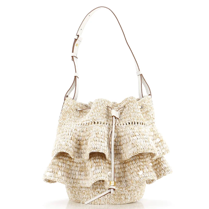 Paula's Ibiza Ruffle Balloon Bucket Bag Raffia with Sequins