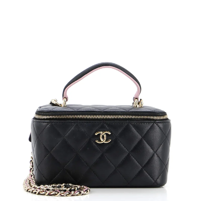 Classic Top Handle Vanity Case with Chain Quilted Lambskin Small