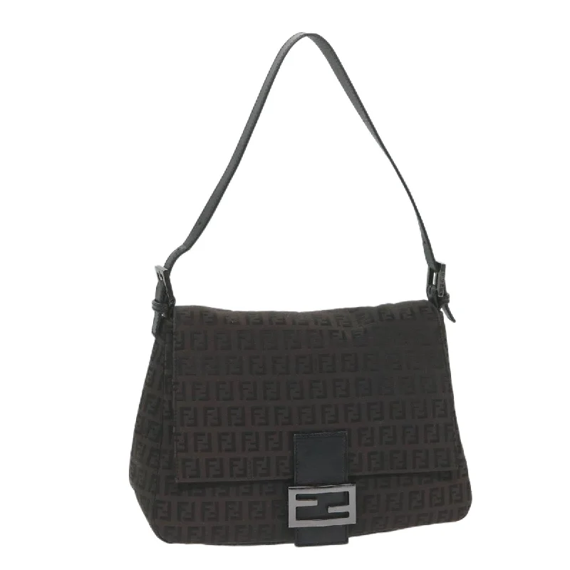 FENDI Zucchino Canvas Mamma Baguette Shoulder Bag Black  yk9359