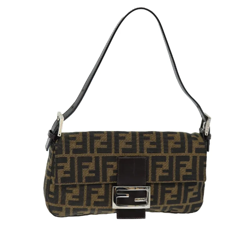 FENDI Zucchino Canvas Mamma Baguette Shoulder Bag Black Brown  am6286A