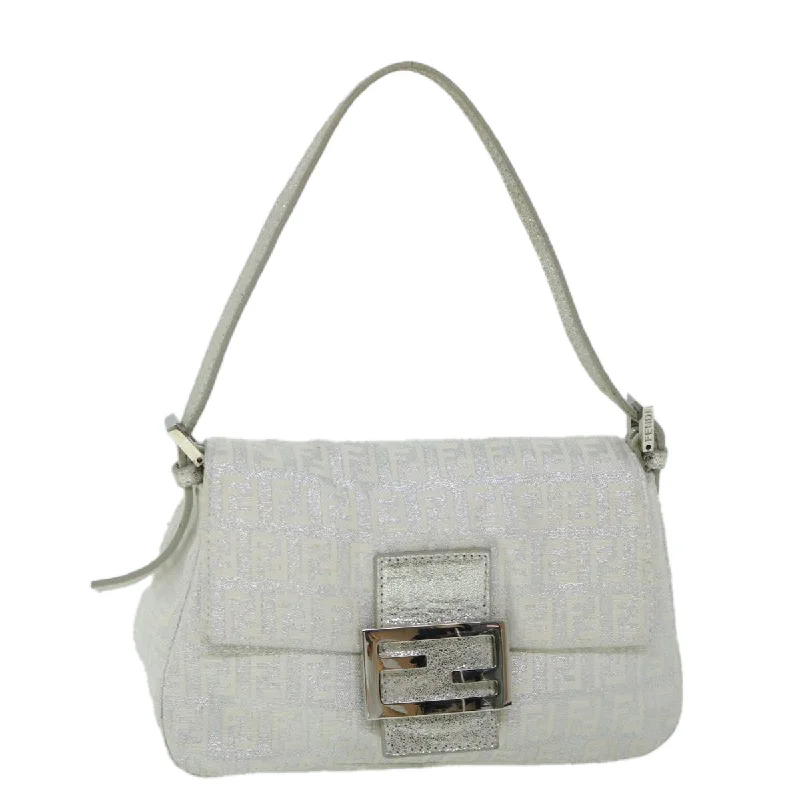 FENDI Zucchino Canvas Mamma Baguette Shoulder Bag Silver  hk852