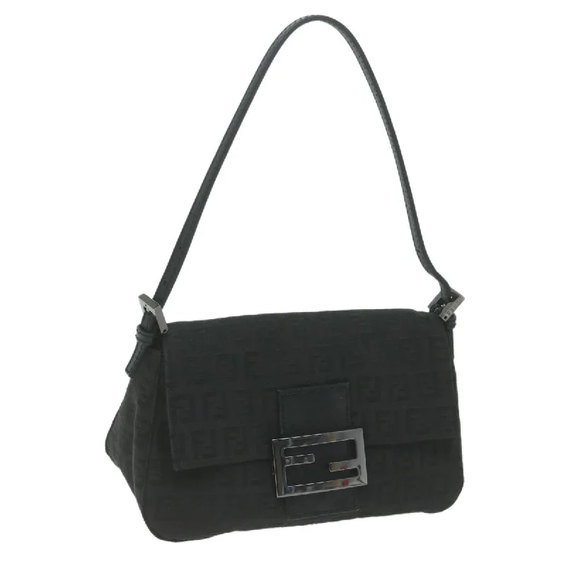 FENDI Zucchino Canvas Mamma Baguette Shoulder Bag Black  65904