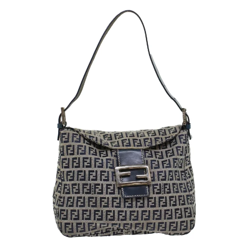 FENDI Zucchino Canvas Mamma Baguette Shoulder Bag Leather Navy  45956