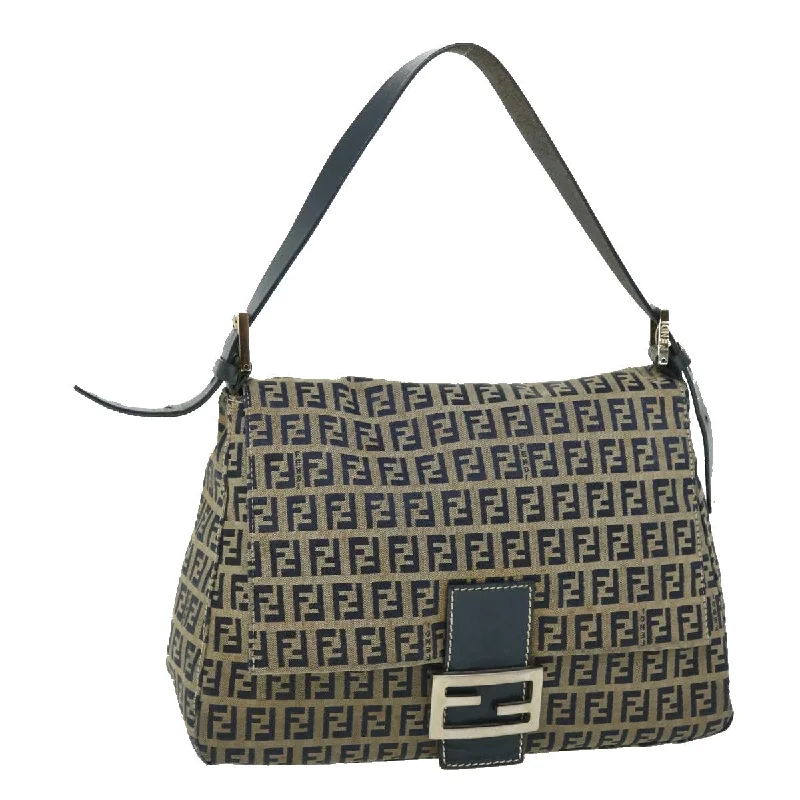 FENDI Zucchino Canvas Mamma Baguette Shoulder Bag Leather Navy  bs7518