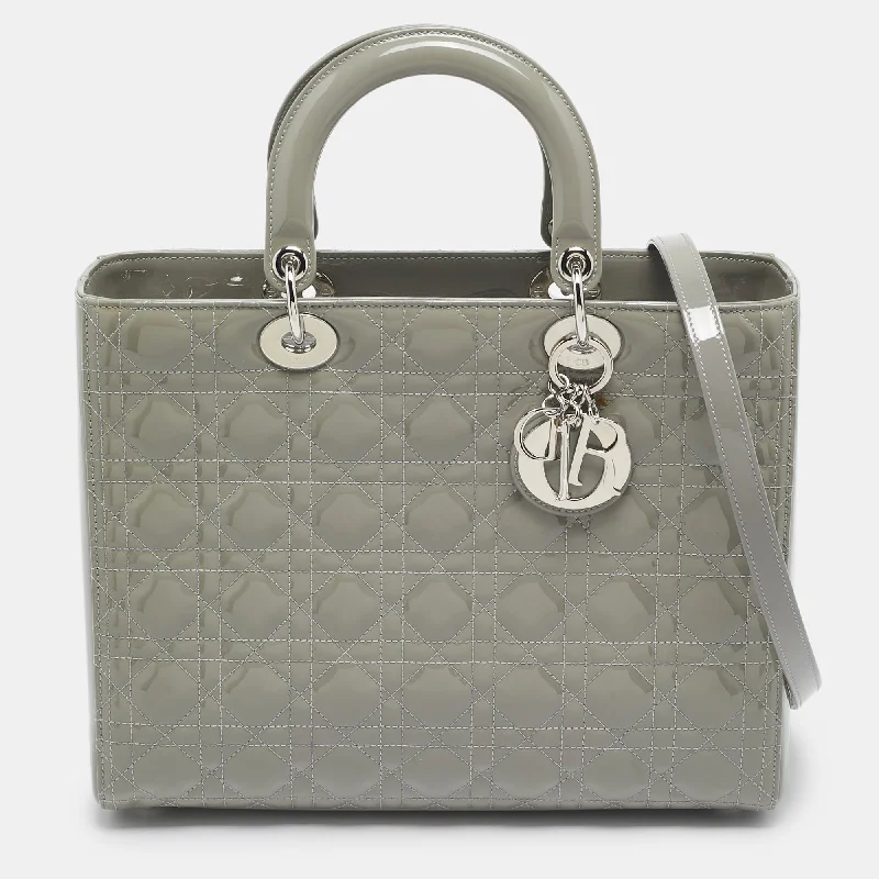 DIOR Grey Cannage Patent Leather Large Lady  Tote