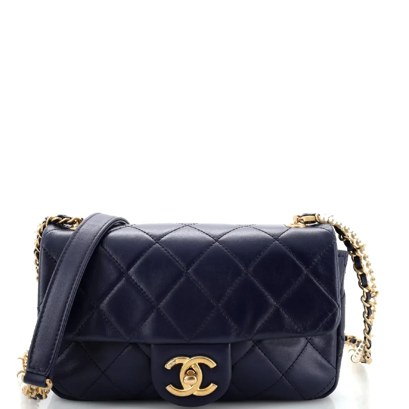 Crystal Pearls Chain Flap Bag Quilted Calfskin Small